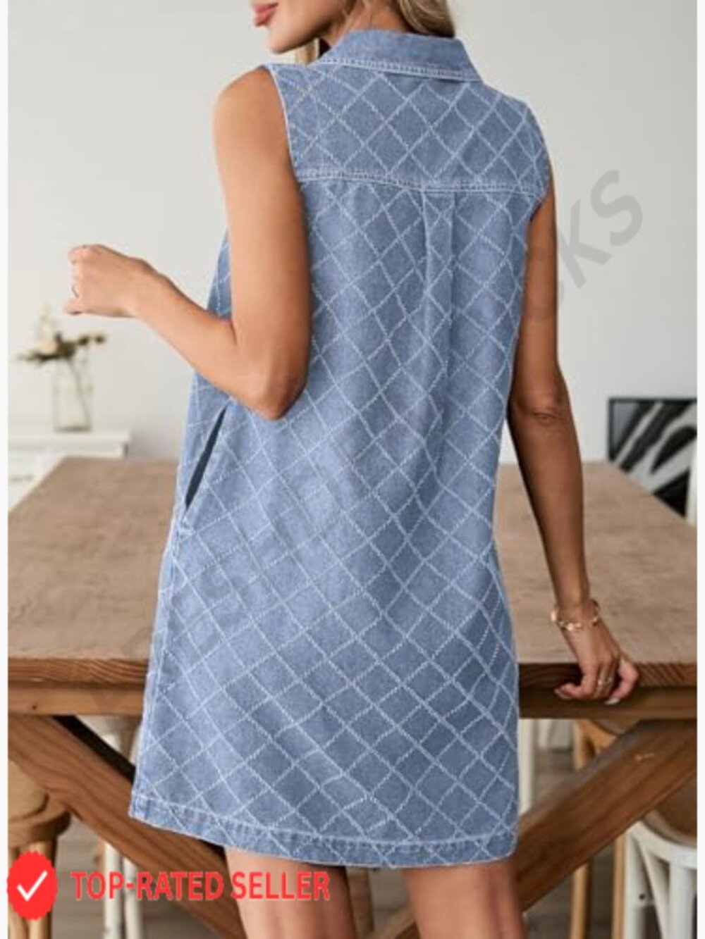 Denim Mini Dress Sleeveless V Neck Button Front Casual Shift with Pockets - Picture 4 of 7